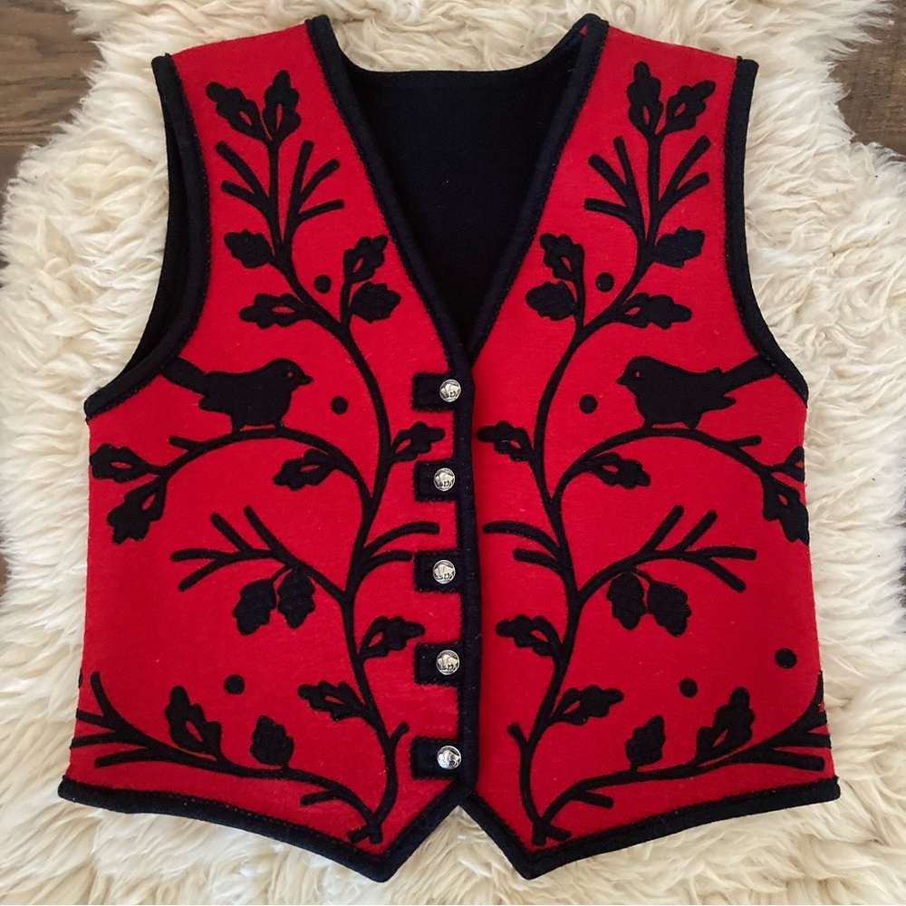 Vintage Wool Blend Felt Folk Bird Vine Pattern Vest O/S